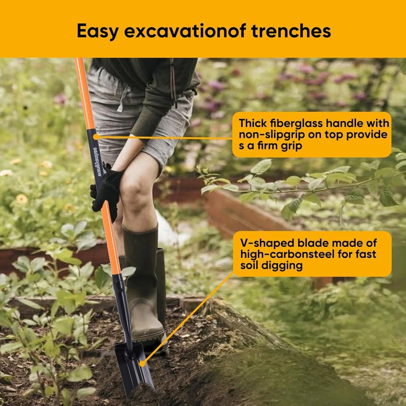 wangyanhao Professional Garden Shovel with Long Orange Handle, Heavy Duty Steel Blade, Ergonomic Design for Digging and Trenching - Image 2